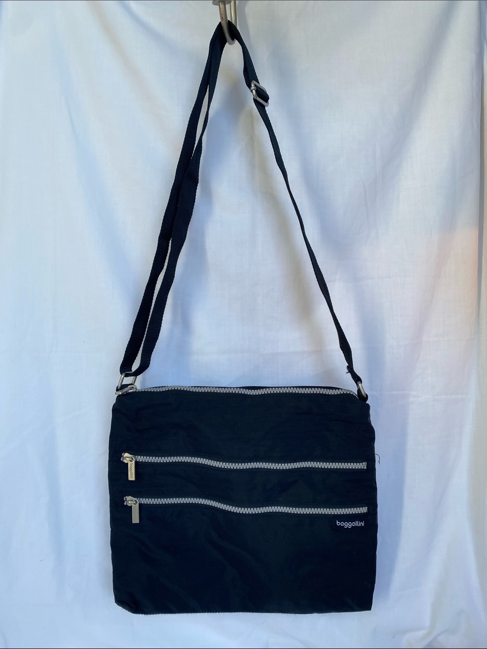 Baggallini Black Nylon Multi Zip Messenger Crossbody Bag